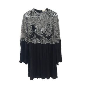 Altar'd State Womens Black Silver Shirt Dress L Flare Sleeve Sheer Metallic